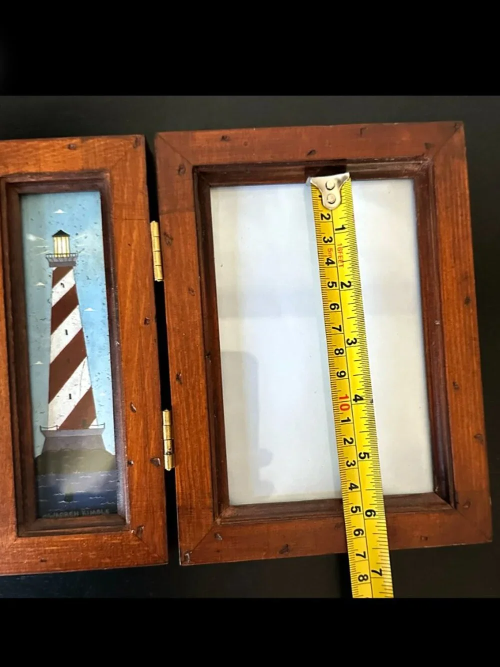 Vintage Warren Kimble Lighthouse Trifold Wood Picture Frame Holds Two 4x6 Photos